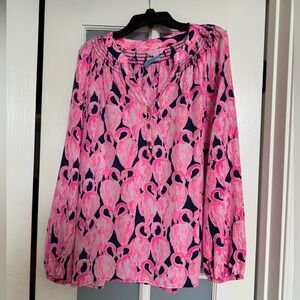 Lilly Pulitzer pink flamingo silk blouse